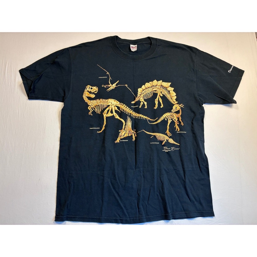Anvil Men XL Black Dinosaur Skeleton Graphic T-Shirt Vintage 90s Glow in Dark